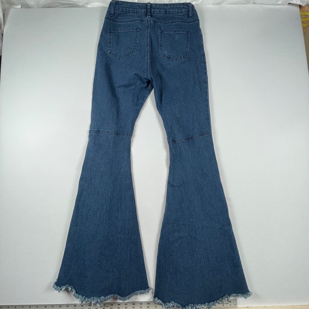 Banjul Flare Leg Boho Jeans Frayed Hem High Waist Cutout Denim Blue Size 27 - Picture 9 of 9